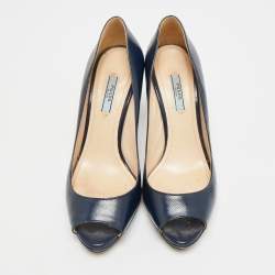 Pre Owned Prada Size 38 Navy Blue Saffiano Leather Platform Peep Toe Pumps