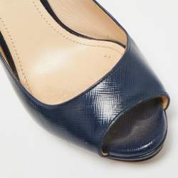 Pre Owned Prada Size 38 Navy Blue Saffiano Leather Platform Peep Toe Pumps