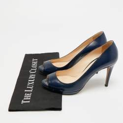 Pre Owned Prada Size 38 Navy Blue Saffiano Leather Platform Peep Toe Pumps