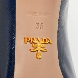 Pre Owned Prada Size 38 Navy Blue Saffiano Leather Platform Peep Toe Pumps