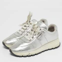 مملوكة مسبقًا Prada Size 36.5 Silver Leather Lace Up Sneakers