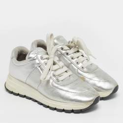 مملوكة مسبقًا Prada Size 36.5 Silver Leather Lace Up Sneakers