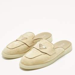Pre Owned Prada Size 36 Beige Suede Logo-Plaque Flat Mules