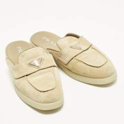 Pre Owned Prada Size 36 Beige Suede Logo-Plaque Flat Mules