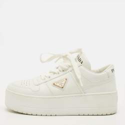 Pre Owned حذاء رياضي برادا داون تاون جلد أبيض منصة جريئة بعنق منخفض مقاس 35