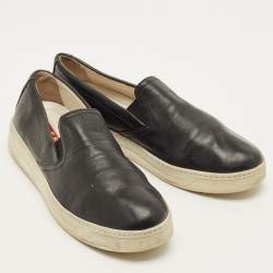 Pre Owned Prada Size 38.5 Black Leather Slip On Sneakers