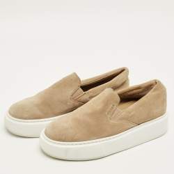Pre Owned Prada Size 38.5 Beige Suede Platform Slip On Sneakers