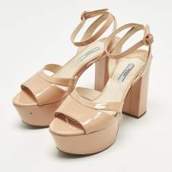 Pre Owned Prada Size 39.5 Beige Patent Leather Platform Block Heel Ankle Strap Sandals