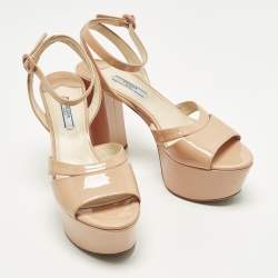 Pre Owned Prada Size 39.5 Beige Patent Leather Platform Block Heel Ankle Strap Sandals