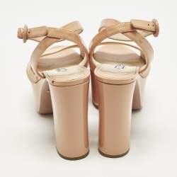 Pre Owned Prada Size 39.5 Beige Patent Leather Platform Block Heel Ankle Strap Sandals