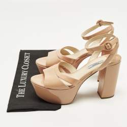 Pre Owned Prada Size 39.5 Beige Patent Leather Platform Block Heel Ankle Strap Sandals