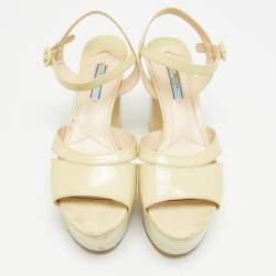 مملوكة مسبقًا Prada Size 40 Cream Patent Leather Platform Block Heel Ankle Strap Sandals