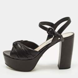 Pre Owned Prada Size 38 Black Leather Platform Ankle Strap Sandals