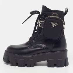 Pre Owned Prada Monolith Size 36 Black Leather And Nylon Ankle Length Boots