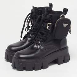 Pre Owned حذاء بوت كاحل برادا نيوبرين ومطاط أسود طول الكاحل مقاس 36.5