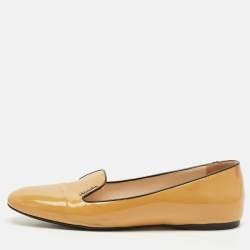 Pre Owned Prada Logo Size 38.5 Beige Patent Leather Smoking Slippers