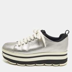 Pre Owned Prada Size 38.5 Silver Leather Platform Lace Up Sneakers
