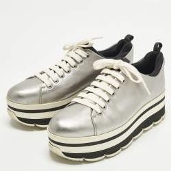 Pre Owned Prada Size 38.5 Silver Leather Platform Lace Up Sneakers
