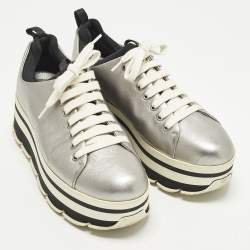 Pre Owned Prada Size 38.5 Silver Leather Platform Lace Up Sneakers