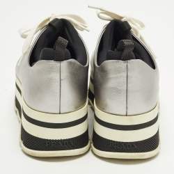 Pre Owned Prada Size 38.5 Silver Leather Platform Lace Up Sneakers