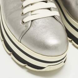 Pre Owned Prada Size 38.5 Silver Leather Platform Lace Up Sneakers