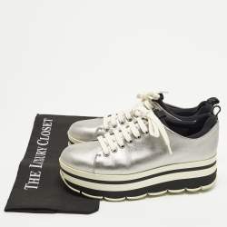 Pre Owned Prada Size 38.5 Silver Leather Platform Lace Up Sneakers