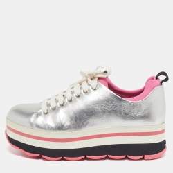 Pre Owned Prada Linea Size 38.5 Silver Leather Platform Lace Up Sneakers