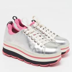 مملوكة مسبقًا Prada Linea Size 38.5 Silver Leather Platform Lace Up Sneakers