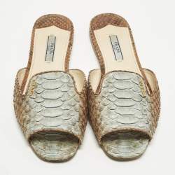 Pre Owned Prada Size 37 Blue/Brown Python Leather Flat Slides