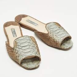 Pre Owned Prada Size 37 Blue/Brown Python Leather Flat Slides