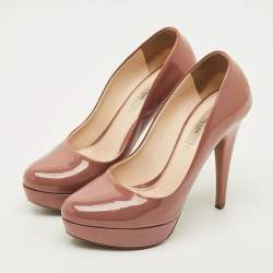 Pre Owned Prada Size 37 Peach Pink Patent Leather Platform Pumps