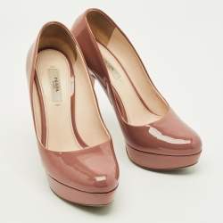 Pre Owned Prada Size 37 Peach Pink Patent Leather Platform Pumps