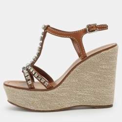 مملوكة مسبقًا Prada Brown Leather Crystal Embellished T Strap Wedge Slingback Sandals Size 38