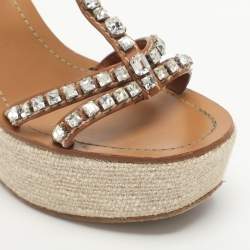 Pre Owned صندل برادا مزخرف كريستال سير حرف تي كعب روكي جلد بني مقاس 36.5