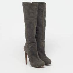 Pre Owned Prada Size 38 Grey Suede Platform Knee Length Boots