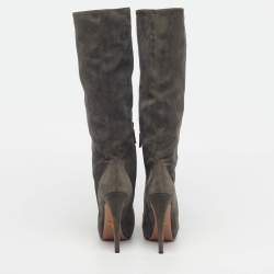 Pre Owned Prada Size 38 Grey Suede Platform Knee Length Boots