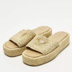 Pre Owned Prada Triangle Size 38 Beige Raffia Logo Plaque Platform Sandals