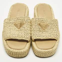 Pre Owned Prada Triangle Size 38 Beige Raffia Logo Plaque Platform Sandals