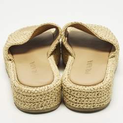 Pre Owned Prada Triangle Size 38 Beige Raffia Logo Plaque Platform Sandals