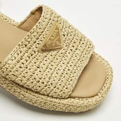 Pre Owned Prada Triangle Size 38 Beige Raffia Logo Plaque Platform Sandals