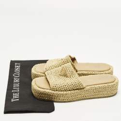 Pre Owned Prada Triangle Size 38 Beige Raffia Logo Plaque Platform Sandals