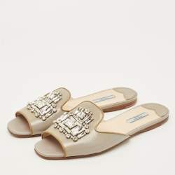 Pre Owned Prada Size 41 Grey Saffiano Leather Crystal Embellished Flat Slides