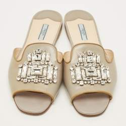 Pre Owned Prada Size 41 Grey Saffiano Leather Crystal Embellished Flat Slides