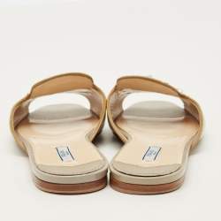 Pre Owned Prada Size 41 Grey Saffiano Leather Crystal Embellished Flat Slides