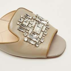 Pre Owned Prada Size 41 Grey Saffiano Leather Crystal Embellished Flat Slides