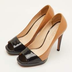 Pre Owned حذاء كعب عالي برادا جلد براءات اختراع بيج/أسود مقدمة مفتوحة منصة مقاس 37