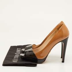 Pre Owned حذاء كعب عالي برادا جلد براءات اختراع بيج/أسود مقدمة مفتوحة منصة مقاس 37