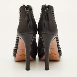Pre Owned Prada Size 37 Black Perforated Leather Open Toe Ankle Booties