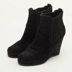 Pre Owned Prada Size 39 Black Suede Wedge Ankle Length Boots