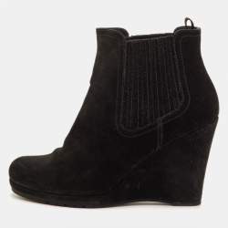 Pre Owned Prada Size 39 Black Suede Wedge Ankle Length Boots